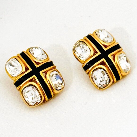 Vintage Christian Dior Gold Tone Faceted Rhinestone/Black Enamel Clip Earrings - Picture 9 of 9